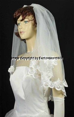 WHITE BRIDAL WEDDING VEIL EMBROIDERED ELBOW LACE 52  