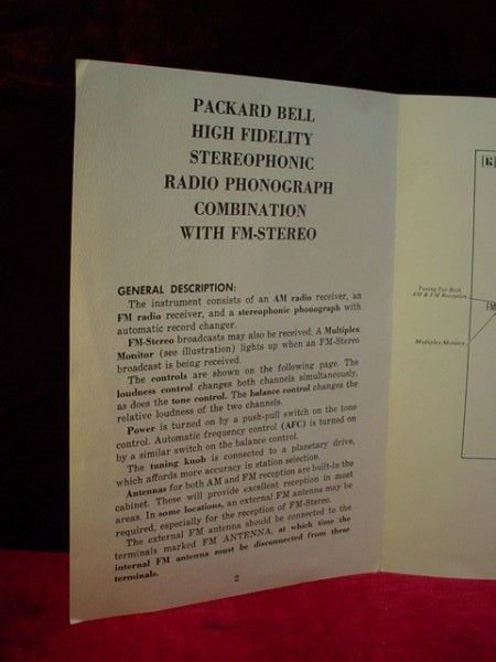 Vintage 1950s/1960s PACKARD BELL Stereo RADIO Instructions MANUAL Card 