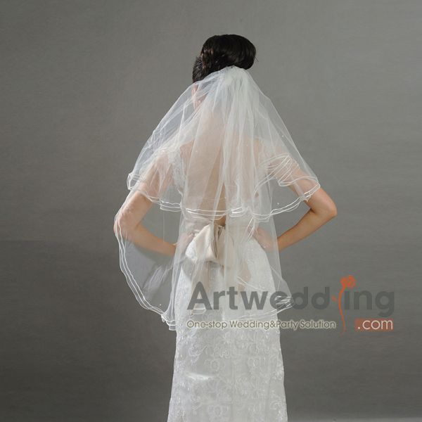 2T New Gracious Ivory Pearl Ribbon Fingertip Wedding Bridal Veil 