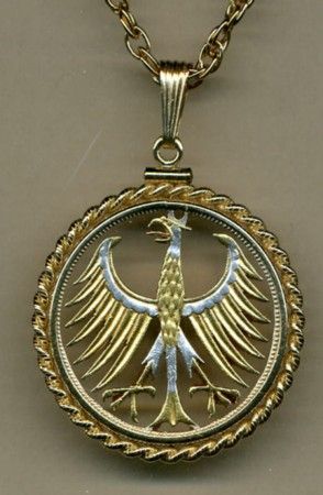 Gold on Silver Cut Coin German 5 Mark Eagle Necklace RB  