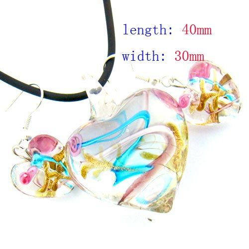g352 Nice Heart Murano Lampwork Glass Pendant Necklace Earrings Set 