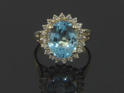 VINTAGE 14K GENUINE BLUE TOPAZ & DIAMOND COCKTAIL RING  