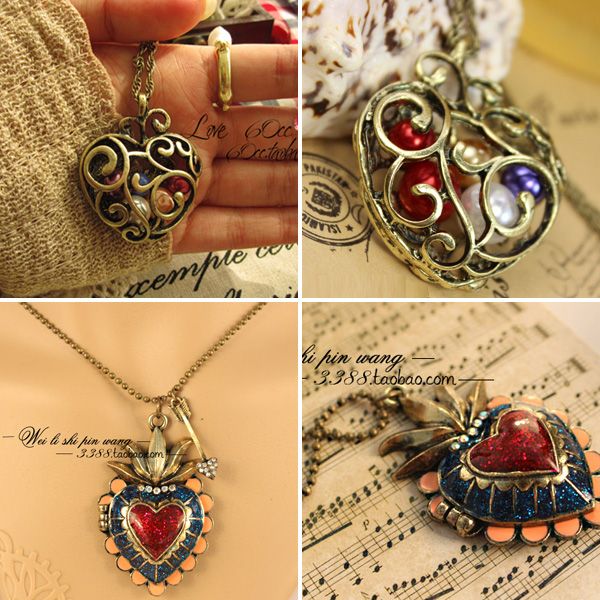 Vintage Colorful Heart Pendant Necklace Rhinestone Locket Long Chain 