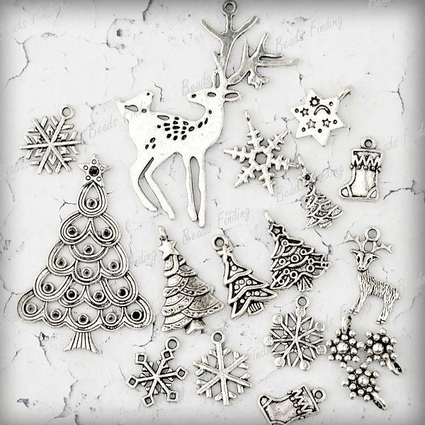 16 Antique Silver Christmas Tree Snowflake Sock Animal Deer Charm 