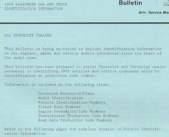 1968 ONLY Chevrolet Chevelle Codes ID Dealer Decoder  